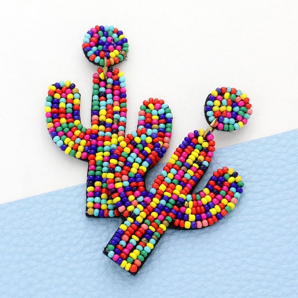 Beaded Colorful Cactus Dangle Earrings Fun Shaped Felt Back Drop Statement